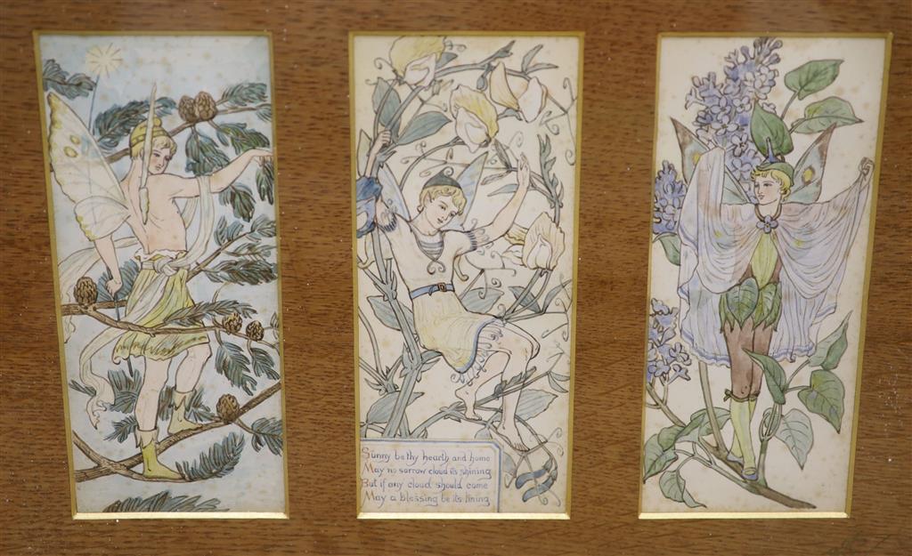 English School c.1900, watercolour and ink, Study of three fairies with verse Sunny be thy hearth and home, each 18 x 8cm, framed as